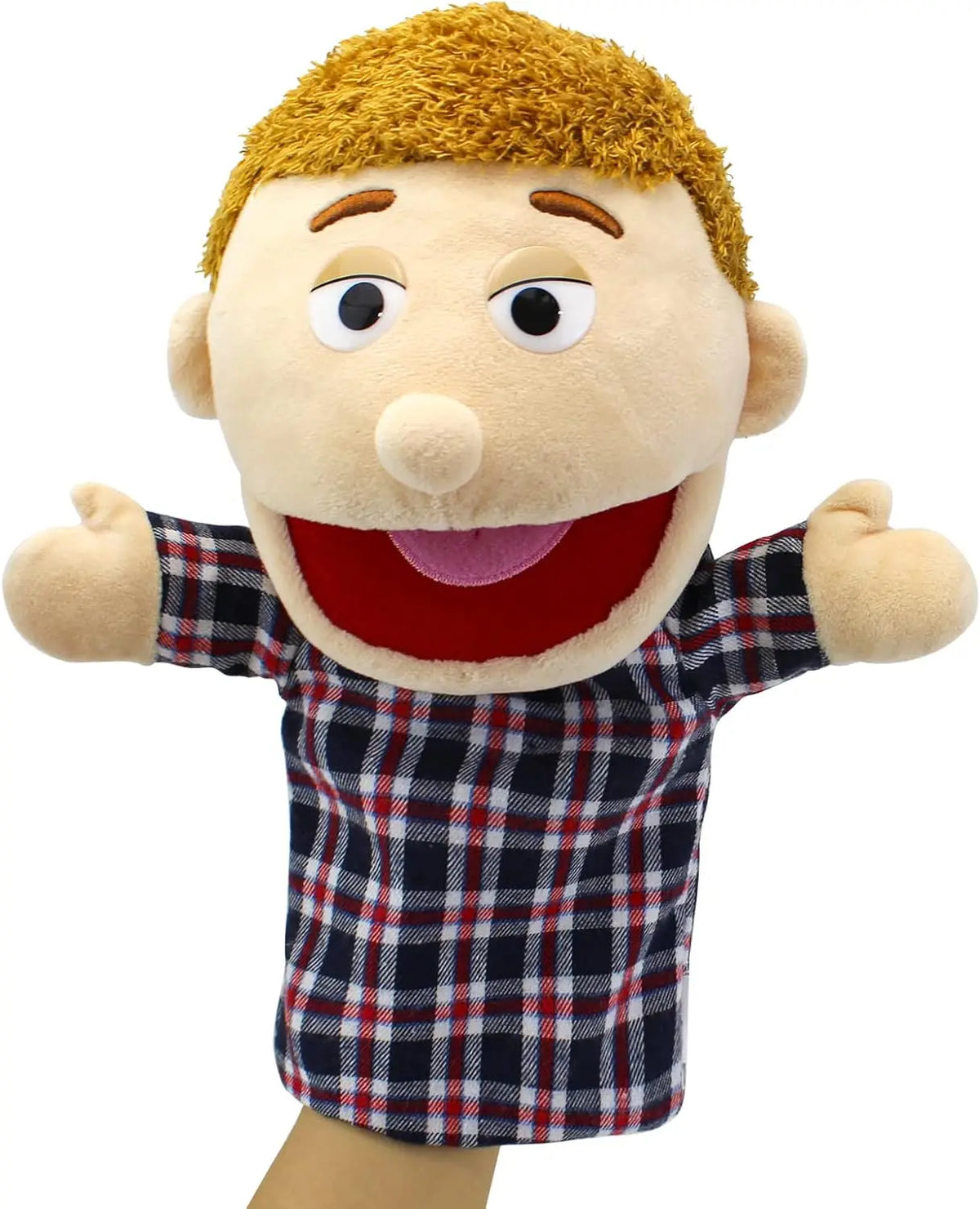 A soft hand puppet with a blonde head and a plaid shirt, featuring a movable mouth for children.