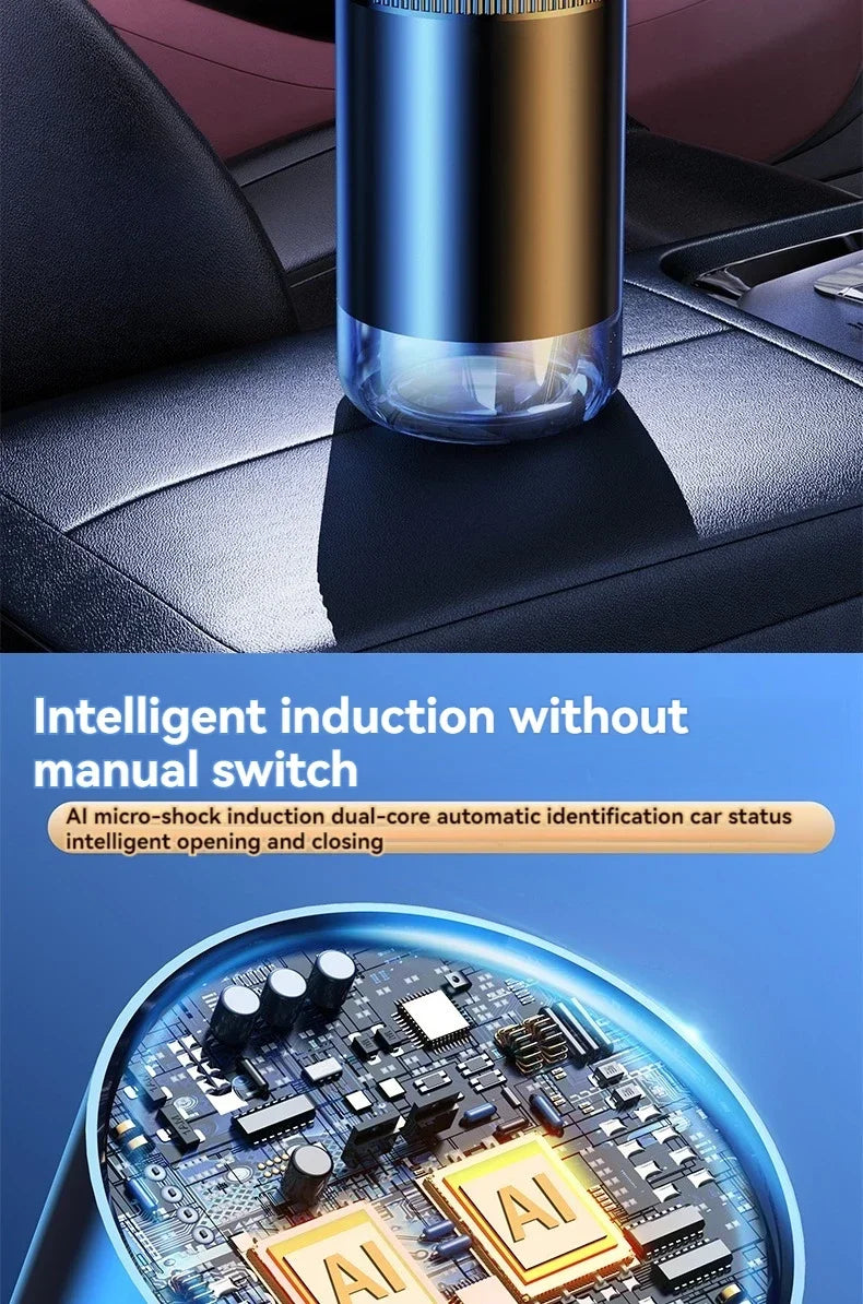 Close-up of a metallic car aroma diffuser with a blue ambient light and an electronic circuit board.