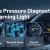 An XTOOL TP150 tire pressure diagnostic tool displaying various functions like Read & Clear, Reset, and Turn off warning ligh