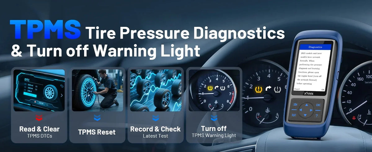 An XTOOL TP150 tire pressure diagnostic tool displaying various functions like Read & Clear, Reset, and Turn off warning ligh