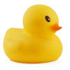 A bright yellow plastic duck toy with an orange beak and black eye, designed as a squeaky bath toy for babies.