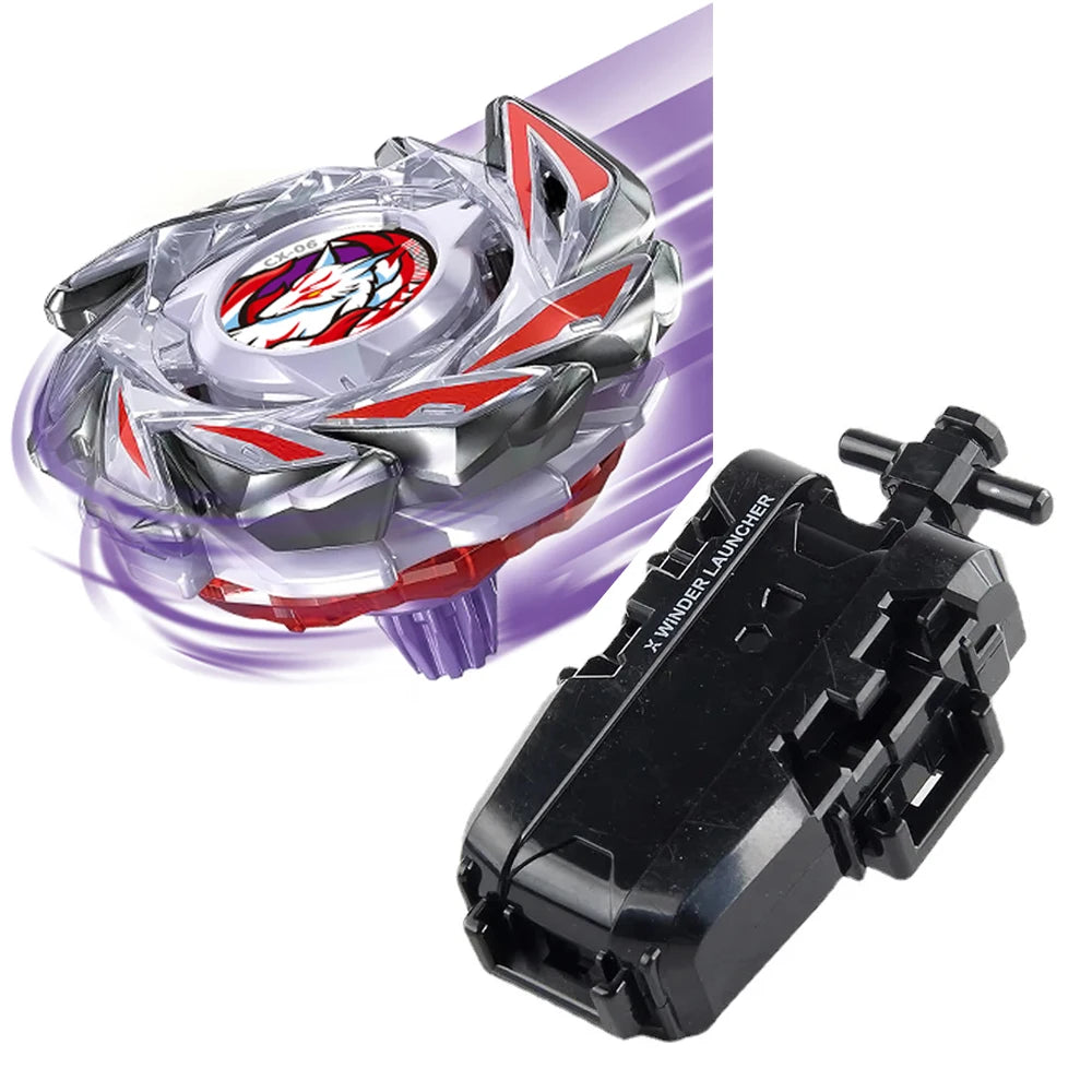 A Beyblade starter set featuring a silver and red Phoenix Wing top and a black launcher.