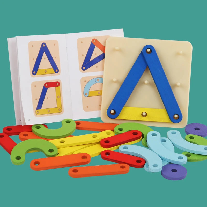 A set of wooden geoboard shapes including triangles and other geometric figures for kids