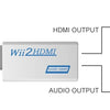 A Wii to HDMI adapter converts video and audio output to connect to a monitor, TV, speaker, or headphone.
