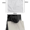 A white canvas tote bag shown next to a person, with dimensions provided.