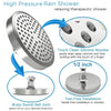 A silver high-pressure rain shower head with silicone nozzles and brass swivel ball joint for a relaxing therapeutic shower.