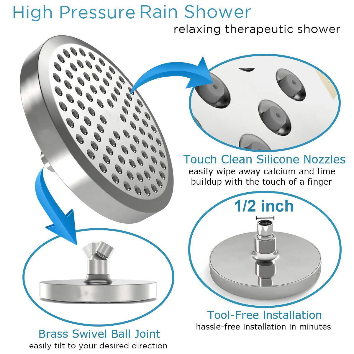 A silver high-pressure rain shower head with silicone nozzles and brass swivel ball joint for a relaxing therapeutic shower.