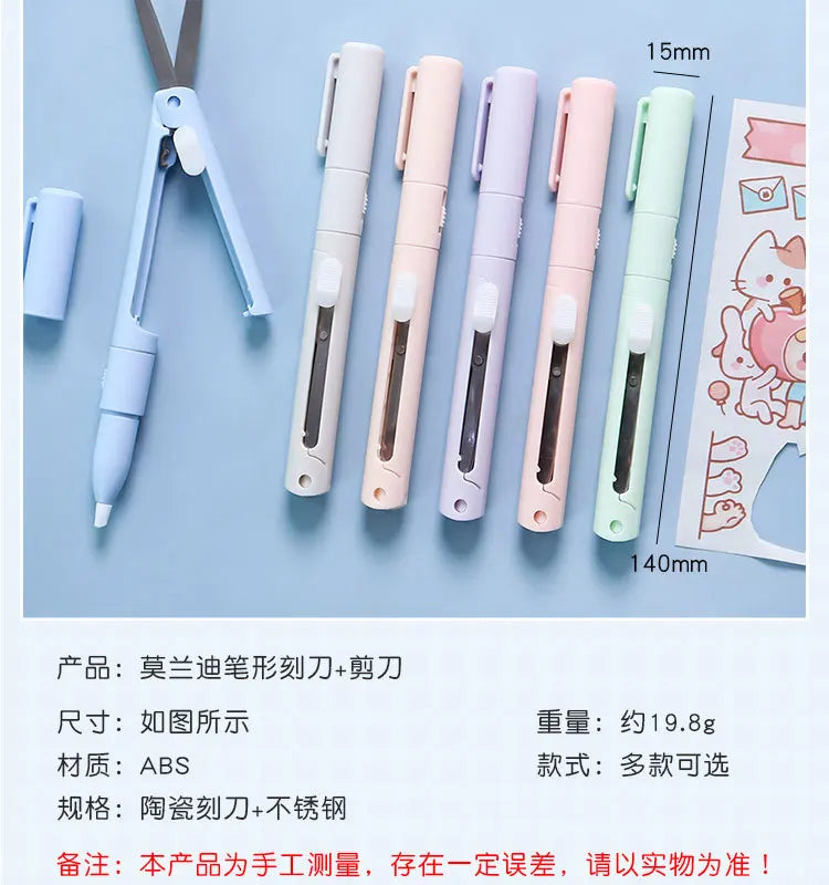 A set of folding pen-shaped safety scissors in various pastel colors, including pink, purple, and mint green.