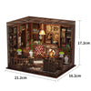 A wooden dollhouse miniature assembly kit featuring detailed furniture and interior elements with LED lighting.