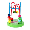 A red and blue wooden bead maze toy with colorful beads on a green base.