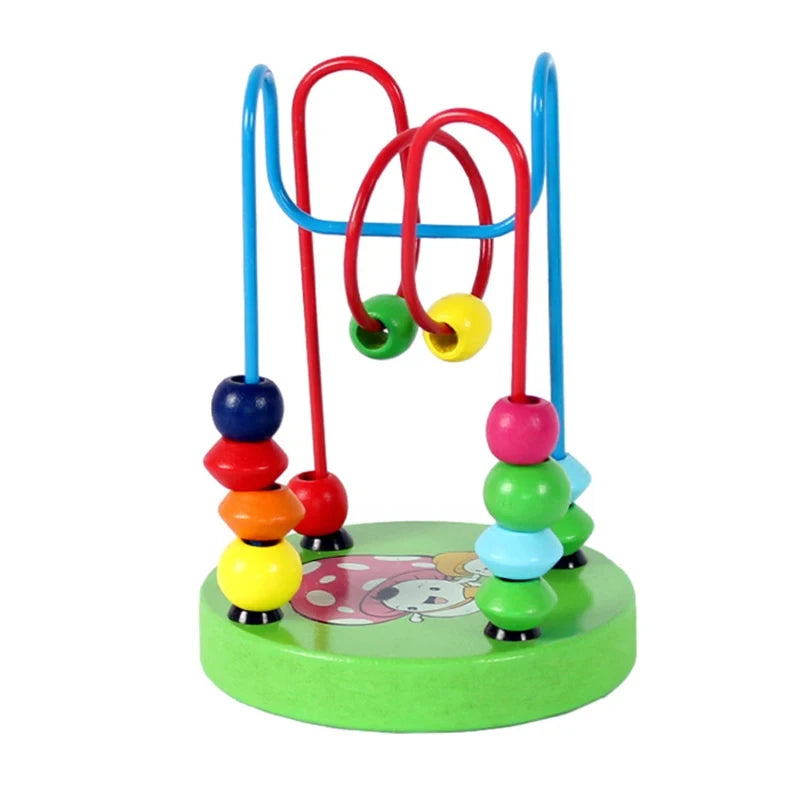 A red and blue wooden bead maze toy with colorful beads on a green base.