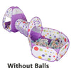 Purple and white ball pit play tent with a crawl tunnel for kids