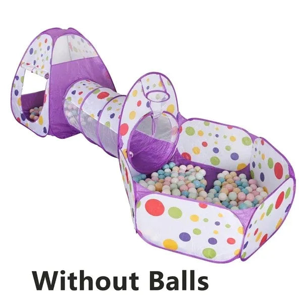 Purple and white ball pit play tent with a crawl tunnel for kids