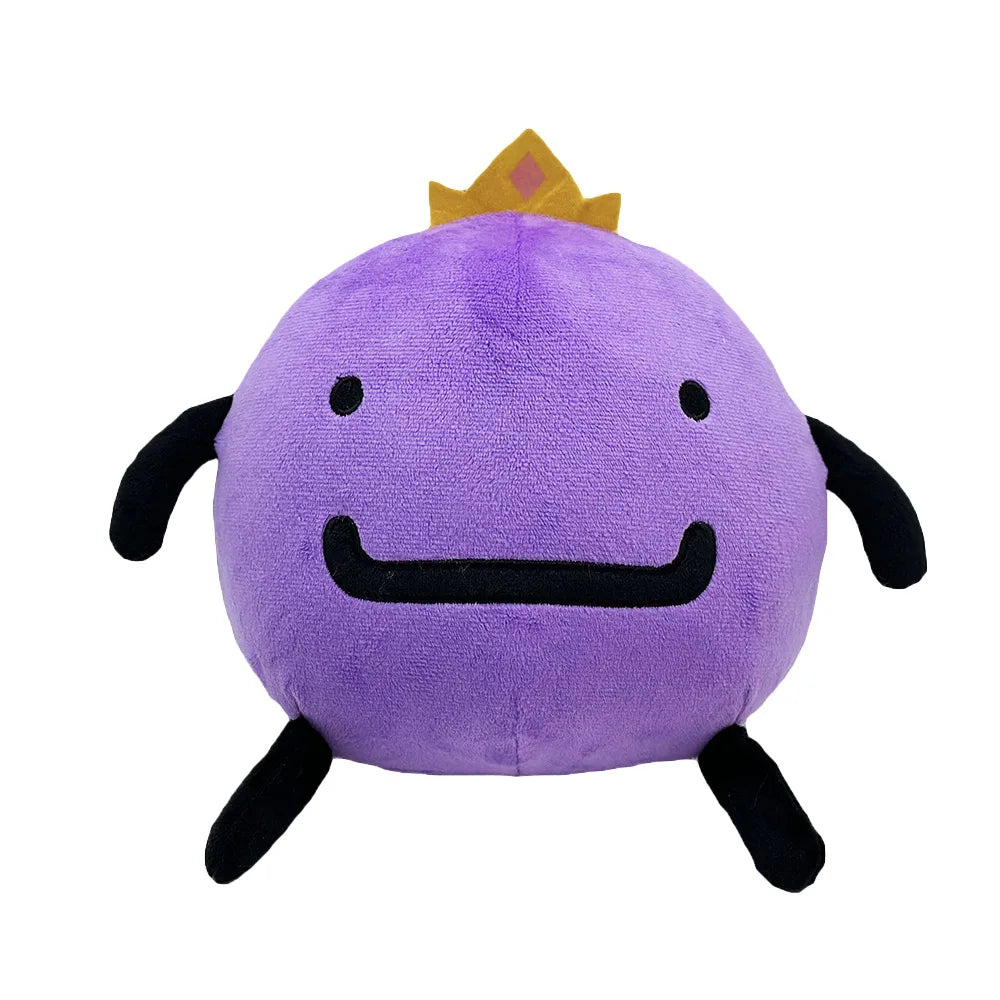 A cute purple plush doll with a gold crown and black features.