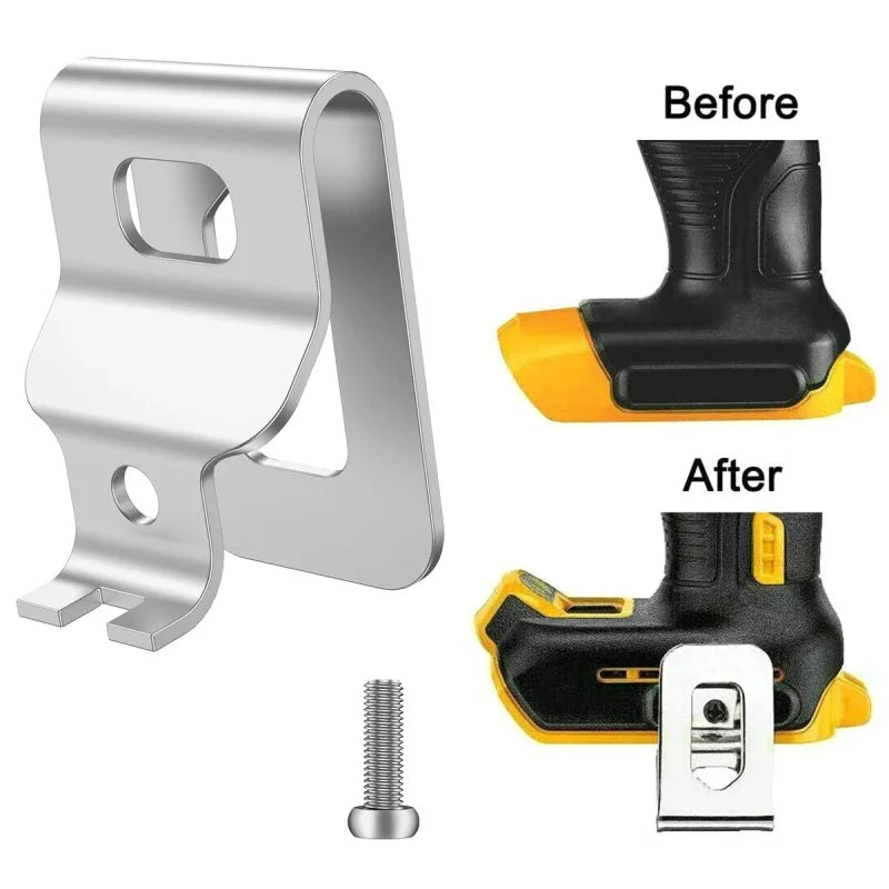Before and after comparison of a belt clip hook bit holder for cordless drills showing the installation process.