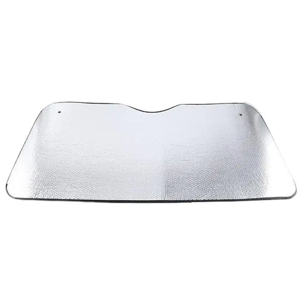 A rectangular, silver heavy-duty truck windshield sun shade.