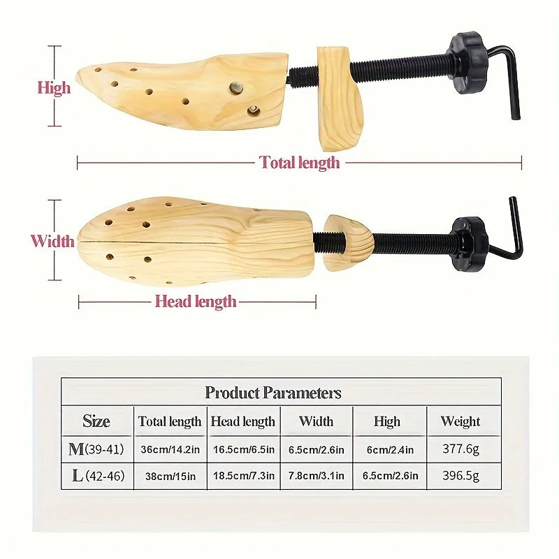 Adjustable wooden shoe stretcher for men and women showing dimensions and usage.