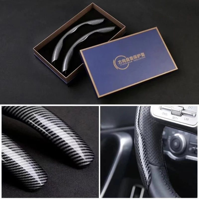A set of ultra-thin carbon fiber steering wheel covers displayed in a wooden box and on a dark surface.
