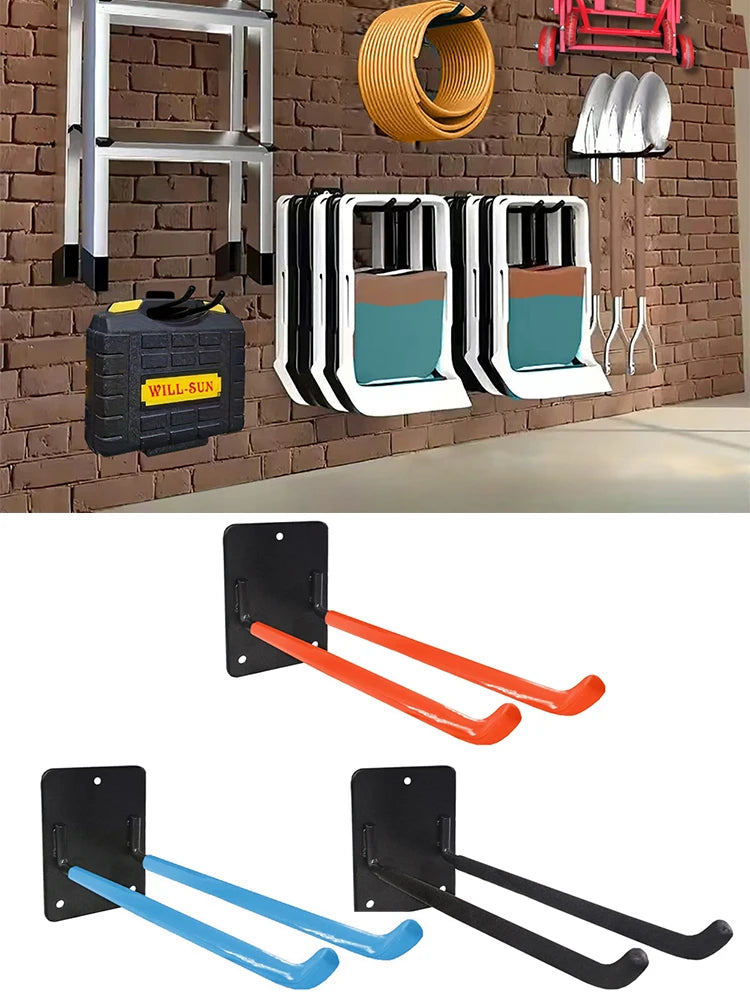 A heavy-duty wall-mounted organizer rack for garden tools, featuring various hooks and holders in black, white, and orange.