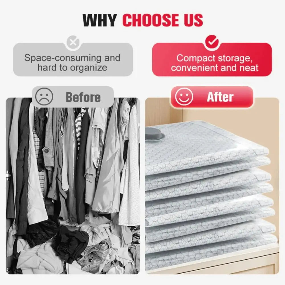 Before and after comparison showing how vacuum compression bags organize clothing for travel and storage