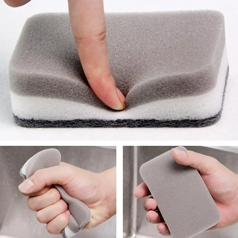 Hands demonstrate the use of reusable double-sided cleaning sponges for kitchen and home cleaning.