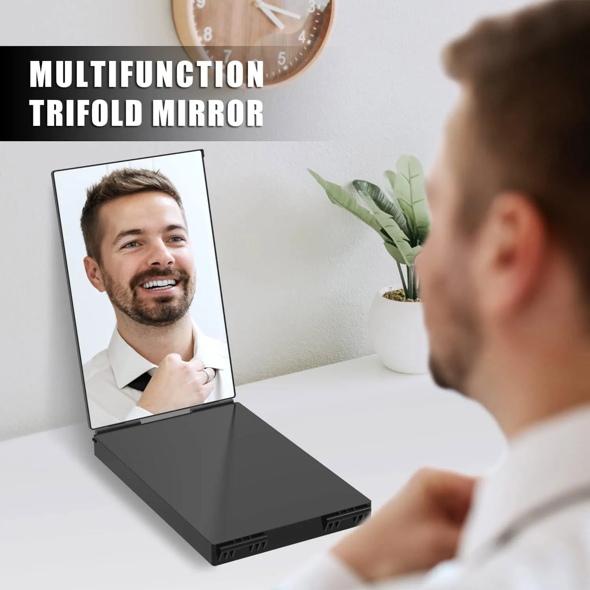 A multifunction trifold mirror is shown next to a man's face, demonstrating its use for grooming.