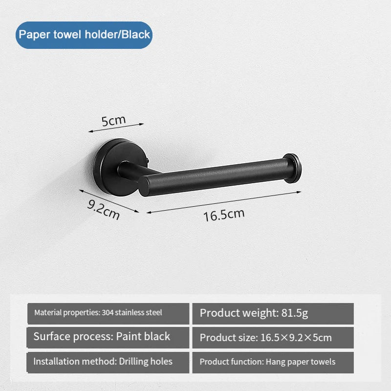 Black paper towel holder made of stainless steel with a 16.5cm bar and 9.2cm mounting.