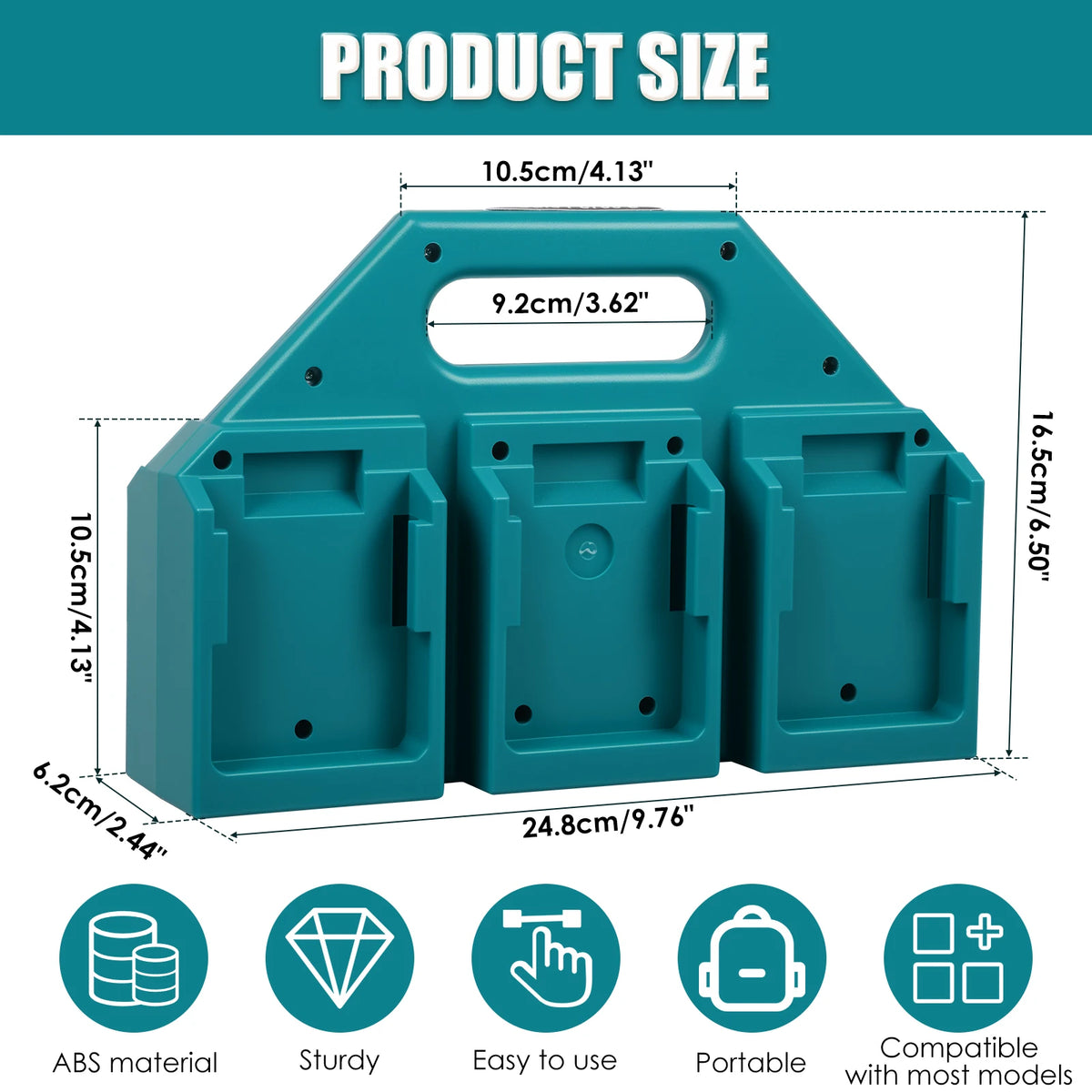 A teal portable battery organizer with a square shape, made of ABS material, designed for power tool batteries.