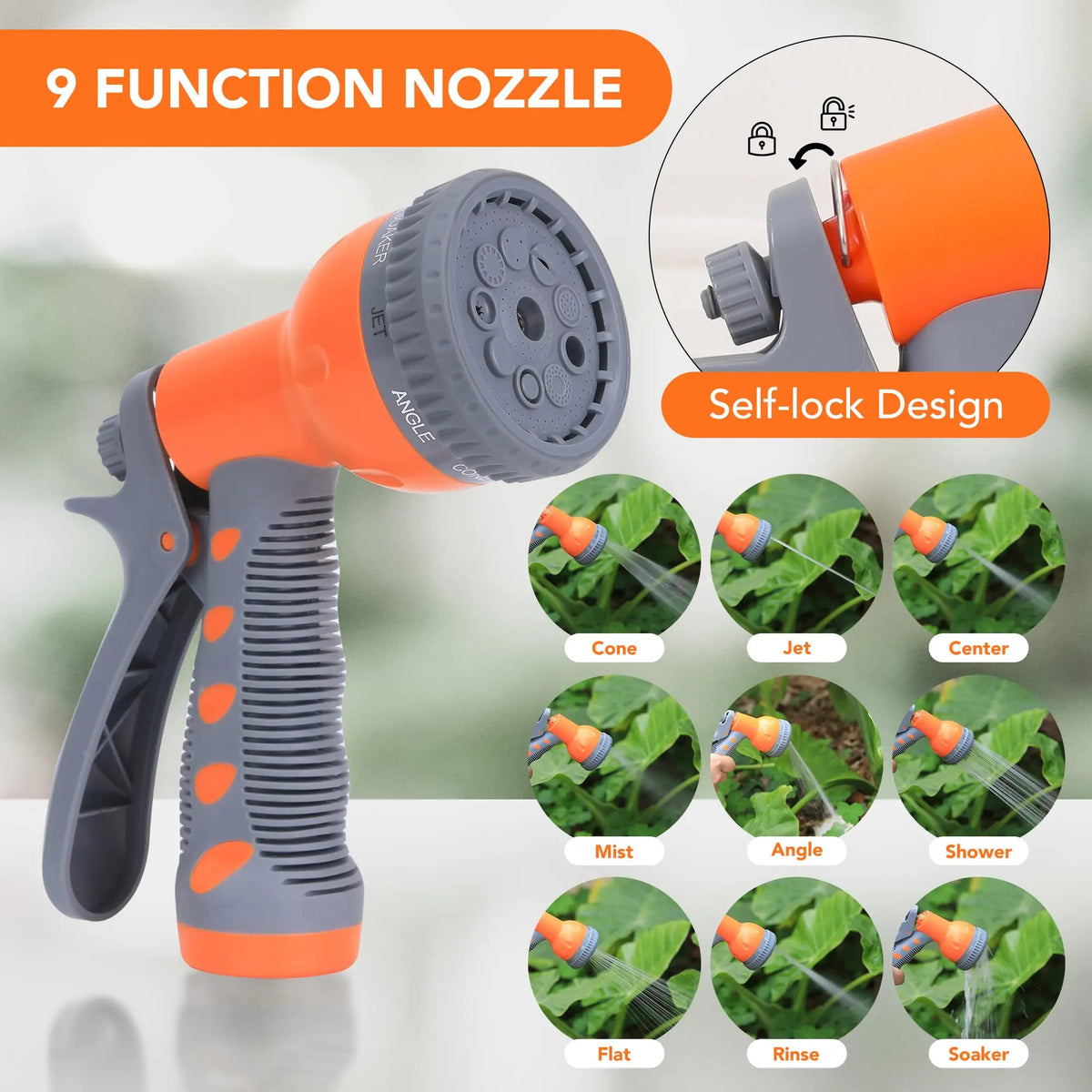 Orange and gray 9 function nozzle garden hose tool with self-lock design showing various spray patterns