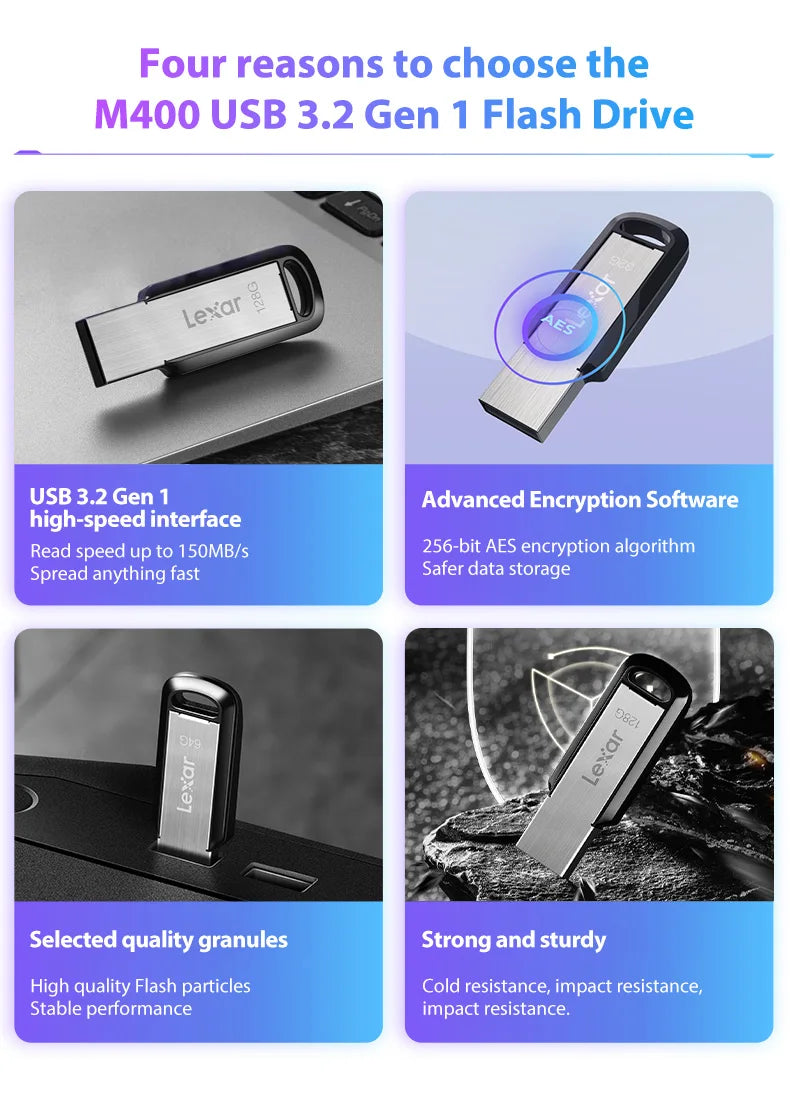 Image showing the Lexar M400 USB 3.2 Gen 1 flash drive highlighting its features and construction.