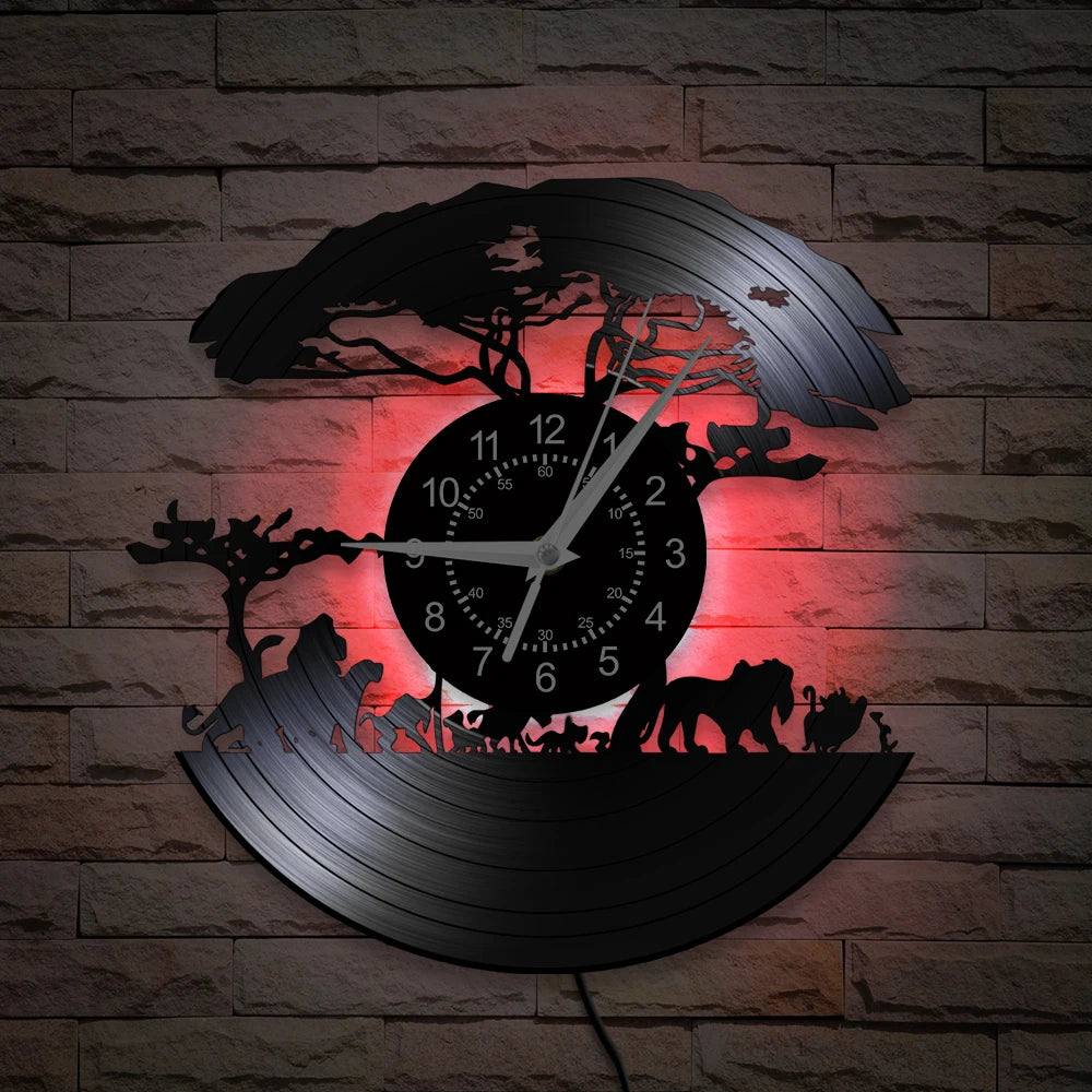 African Safari Cartoon Lion Vinyl Record Wall Clock – Silent Non-Ticking, 12-Inch Decor for Kids' Rooms and Playrooms