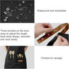 Black adjustable polyester kitchen apron with waterproof features, three buckles for fit, and storage pockets.