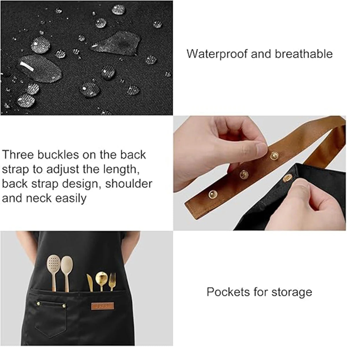 Black adjustable polyester kitchen apron with waterproof features, three buckles for fit, and storage pockets.