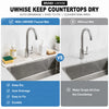 A comparison showing a faucet with and without a silicone mat for countertops, highlighting features like auto drainage and d