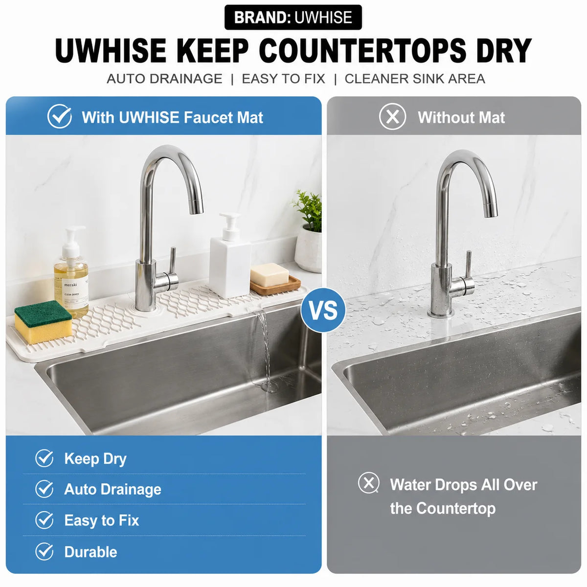 A comparison showing a faucet with and without a silicone mat for countertops, highlighting features like auto drainage and d