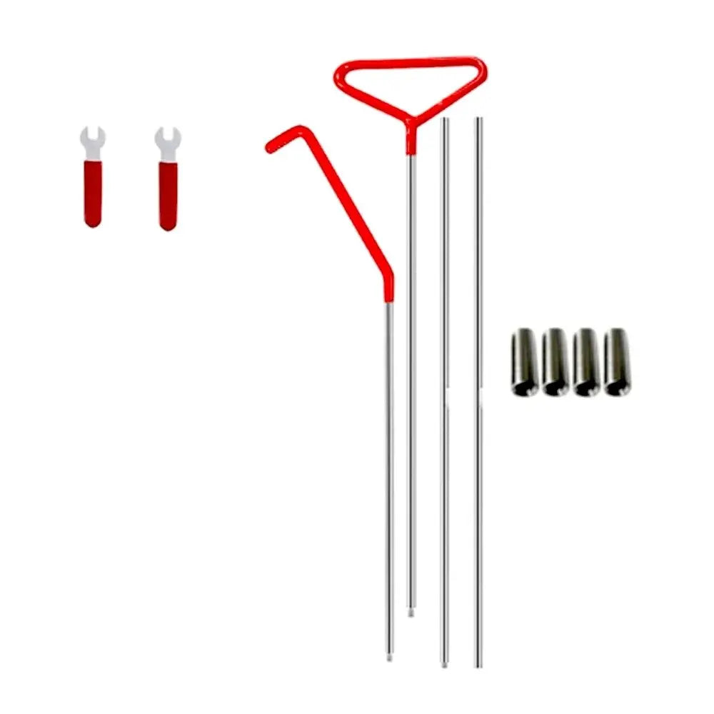Red emergency car door unlock tool kit with an air wedge and grabber tool.