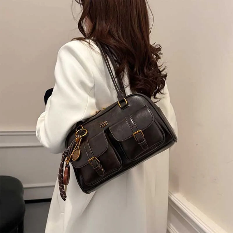 Women's Retro PU Leather Shoulder Bag with Multiple Pockets & Detachable Charm