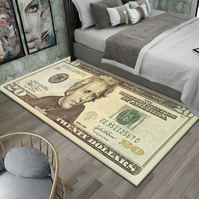 Alfombra antideslizante con estampado de dólar sobre suelo de madera junto a una cama.