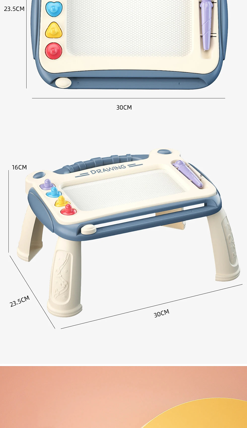 A magnetic drawing board for kids featuring a grid surface and an erasable pen, shown with dimensions.