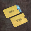 A yellow RFID protection card sleeve is shown next to a blue card, demonstrating RFID blocking technology.