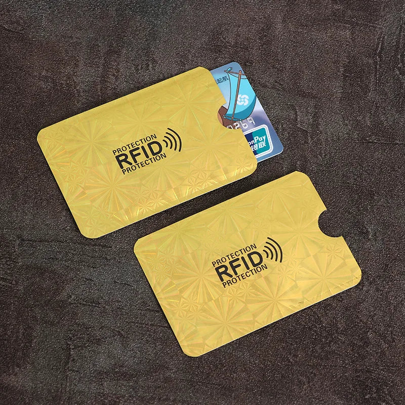A yellow RFID protection card sleeve is shown next to a blue card, demonstrating RFID blocking technology.