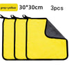 Three yellow and gray microfiber car cleaning towels are displayed, showing their rectangular shape.