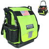 A bright lime green tool bag with black accents and a small American flag patch, shown next to a set of tools.