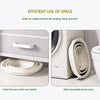 A white collapsible portable bucket is shown being utilized in various outdoor and household settings.