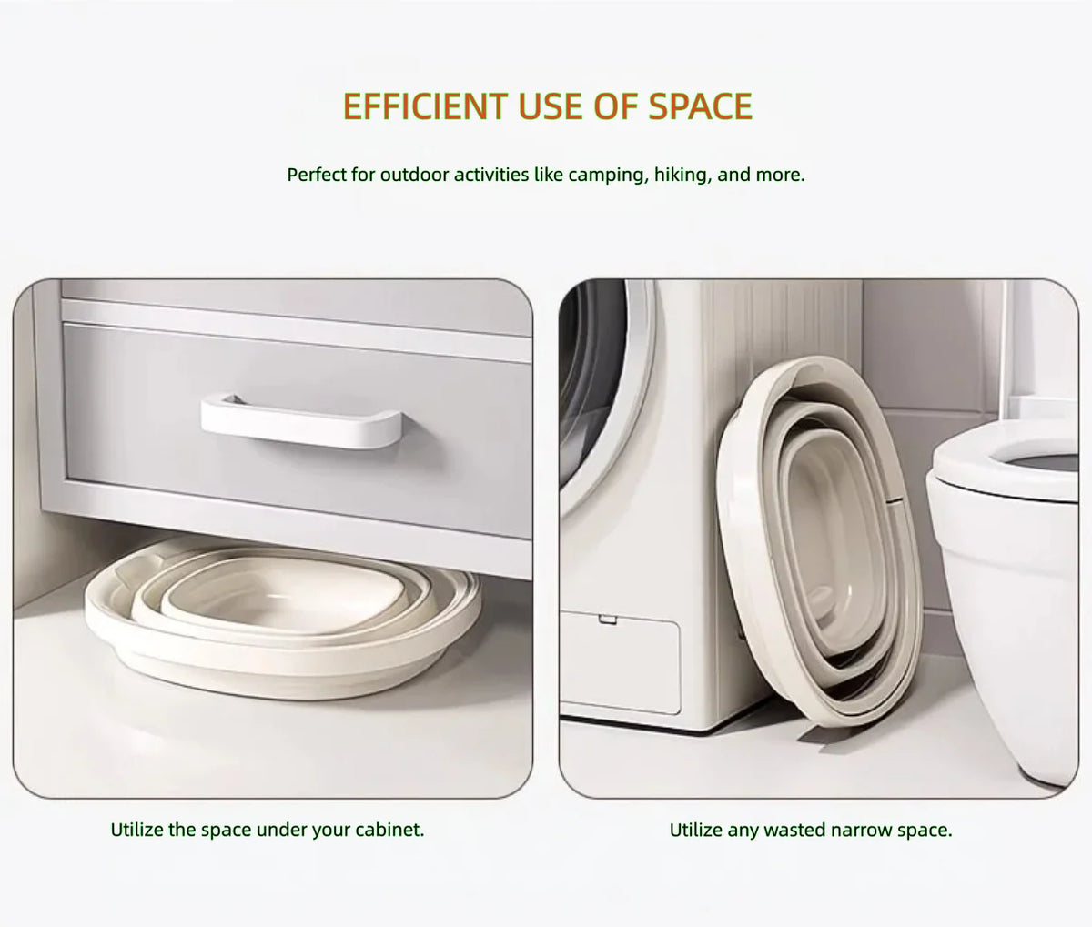 A white collapsible portable bucket is shown being utilized in various outdoor and household settings.