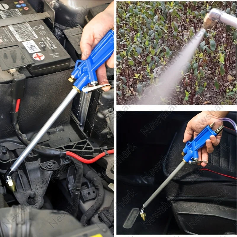 A blue pneumatic high-pressure water gun is shown being used on a car engine component.