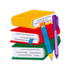 A set of ten iron-on patches featuring colorful books and pens in yellow, red, green, and purple.