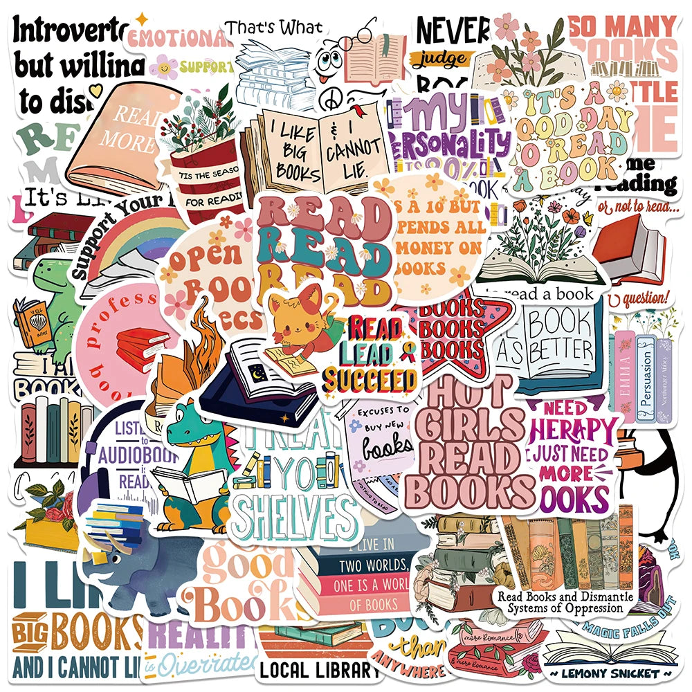 A collection of colorful stickers featuring quotes and themes related to reading books and literature.