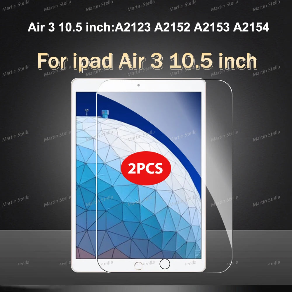 Two tempered glass screen protectors for an iPad Air 3 10.5 inch device.
