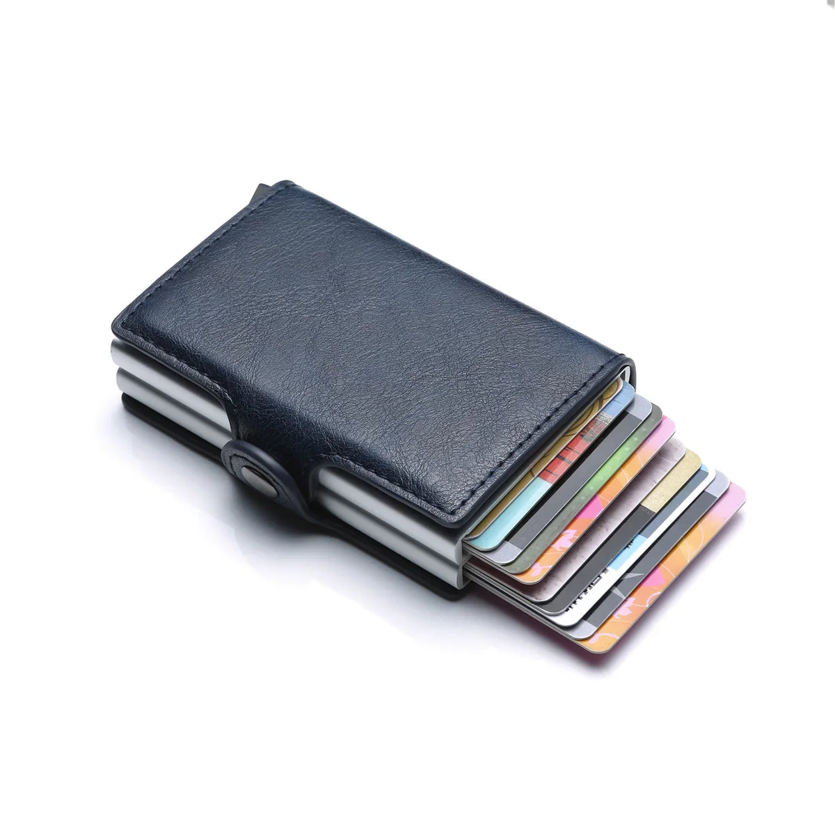 A dark blue slim wallet with a leather cover and multiple cards visible inside.